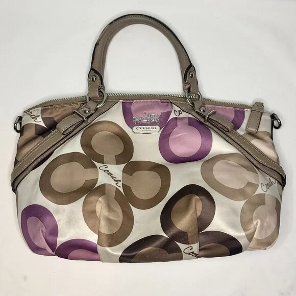 Coach Madison Clover Print Sophia Satchel Purple Pink Sateen Taupe Leather 15946 - Picture 6 of 14
